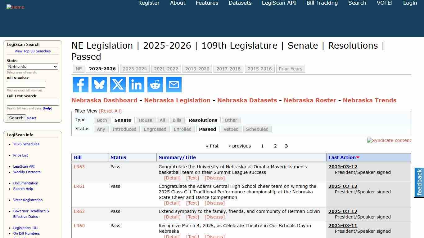 NE Legislation | 2025-2026 | 109th Legislature | Senate | Resolutions | Passed | LegiScan